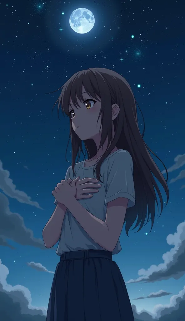 A melancholic anime-style illustration of a 22-year-old woman standing under a night sky filled with stars, her hands clasped near her heart as she looks up with uncertainty. Her long brown hair is slightly tousled by the wind, mirroring her internal strug...