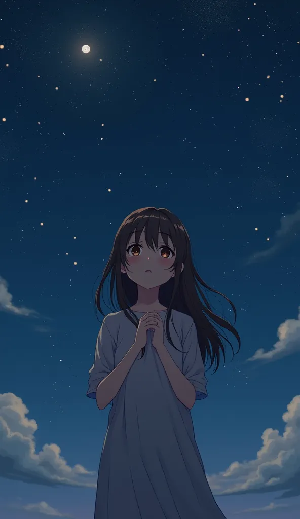 A melancholic anime-style illustration of a 22-year-old woman standing under a night sky filled with stars, her hands clasped near her heart as she looks up with uncertainty. Her long brown hair is slightly tousled by the wind, mirroring her internal strug...