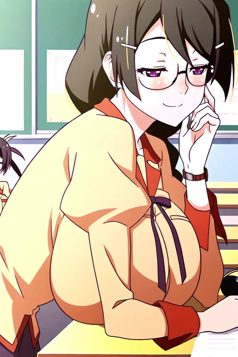    score_9,    score_8_  up  ,    score_7_  up  ,    source_anime, anime screencap, Highest, alone,  Hanekawa Tsubasa, ( purple eyes),    black hair,    Twin Blade , Glass,     black hair,  purple eyes, Front , smile,   beautiful eyes,    Braids Pigtails ,...