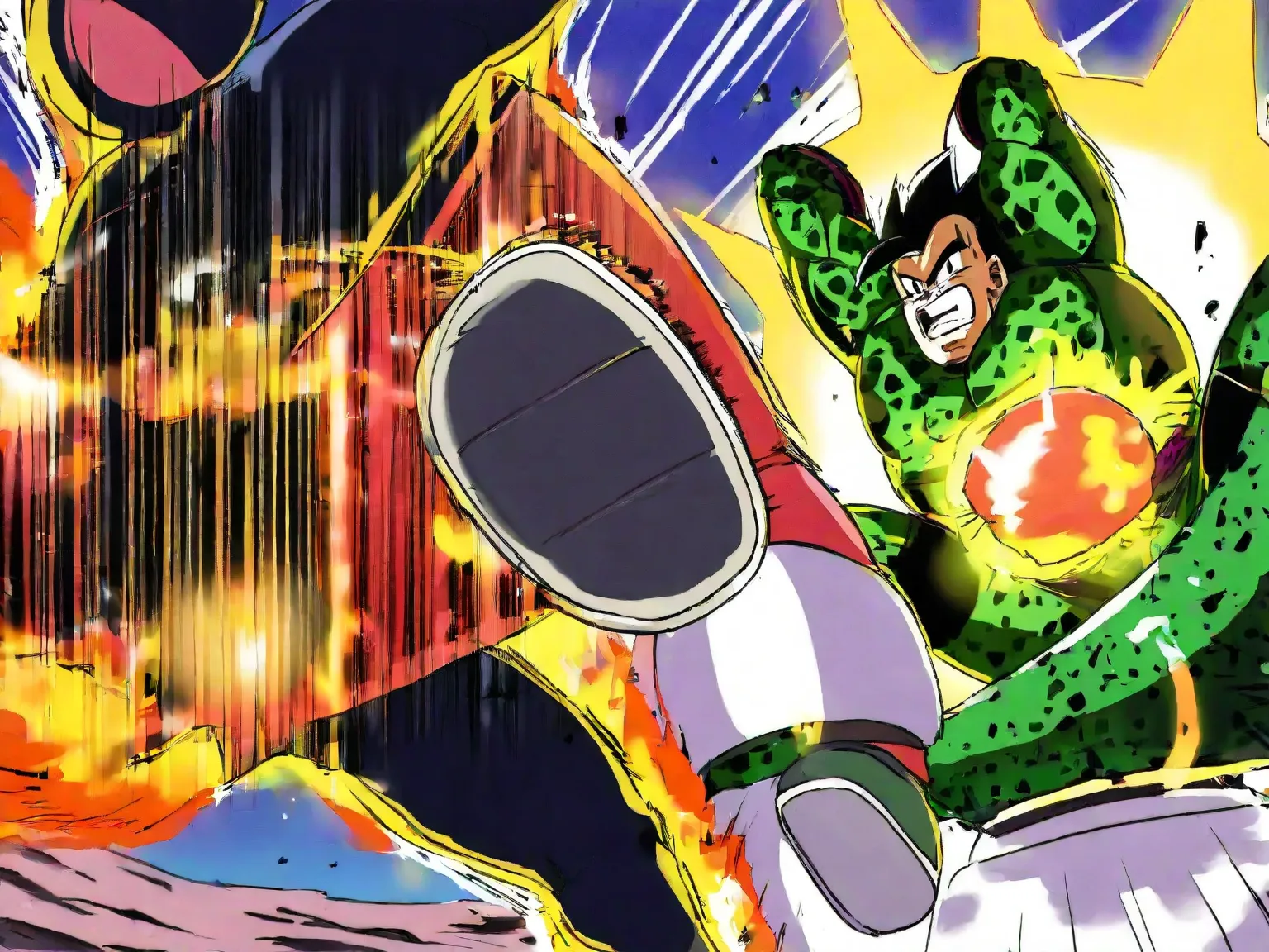 Dragonball, super sayayin, son-gohan versus cell, full power, bursting earth, brightest sun, in fight, kick, boxing