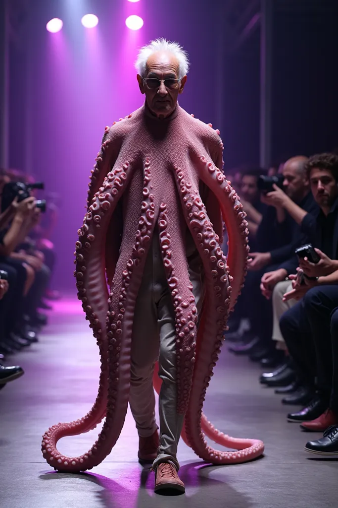 "A charming elderly male model, over 65 years old, confidently walking down a fashion runway. His entire body, including arms, legs, torso, and head, is made entirely of octopus, seamlessly blended to form a humanoid figure. His limbs extend into realistic...