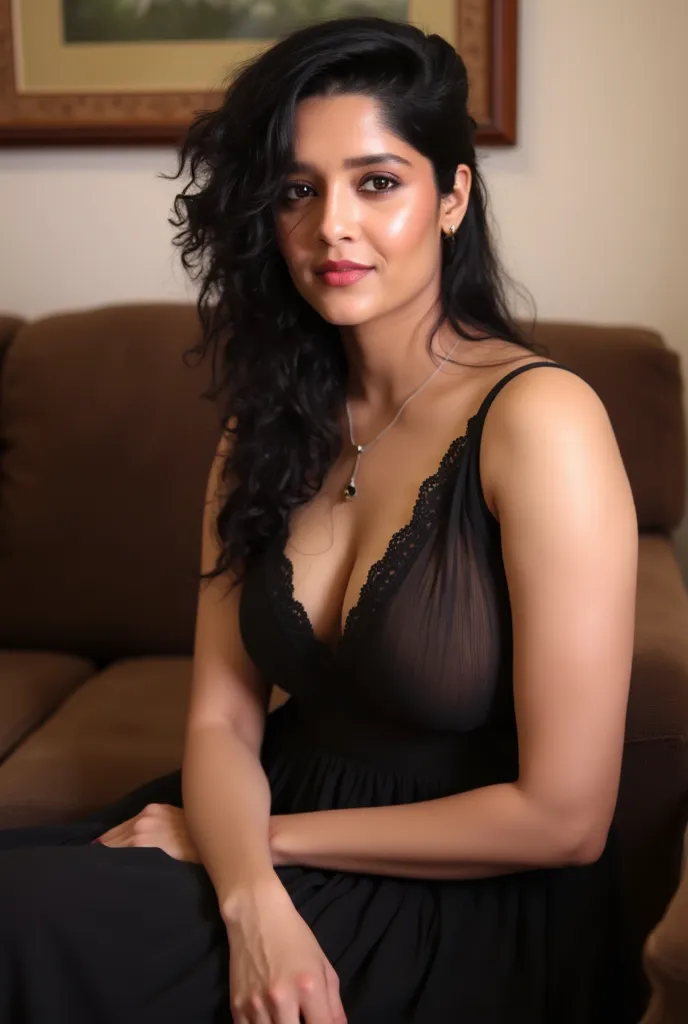 A beautiful young Indian woman. Nice breasts. Sitting on sofa at home wearing a black strape nighty 