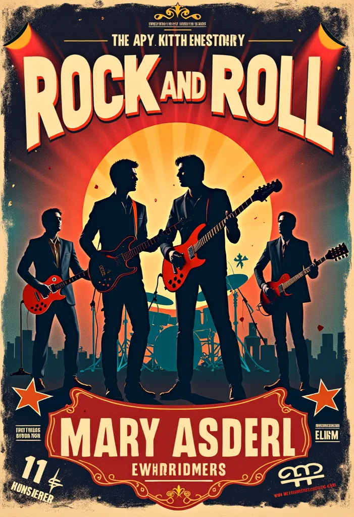 Create an old rock and roll poster with cool dates and illustrations that has a happy harmony