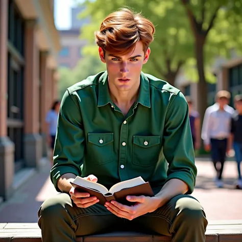 (best quality,4k,8k,highres,masterpiece:1.2),ultra-detailed, 1Man, Irish god Aengus Óg as a college student, dark auburn hair, green button up shirt, casual pants, sitting on a bench on a college campus, reading a book, interacting with other students, HDR...