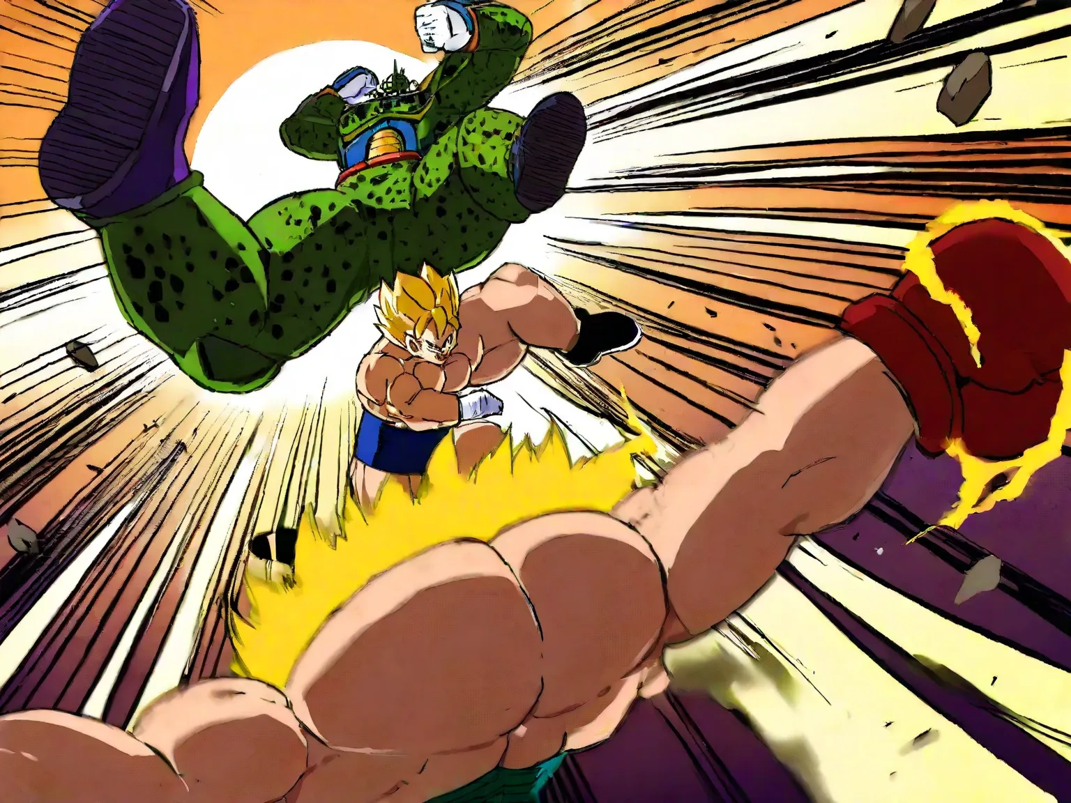 Dragonball, super sayayin, son-gohan versus cell, full power, bursting earth, sunset, in fight, kick, boxing