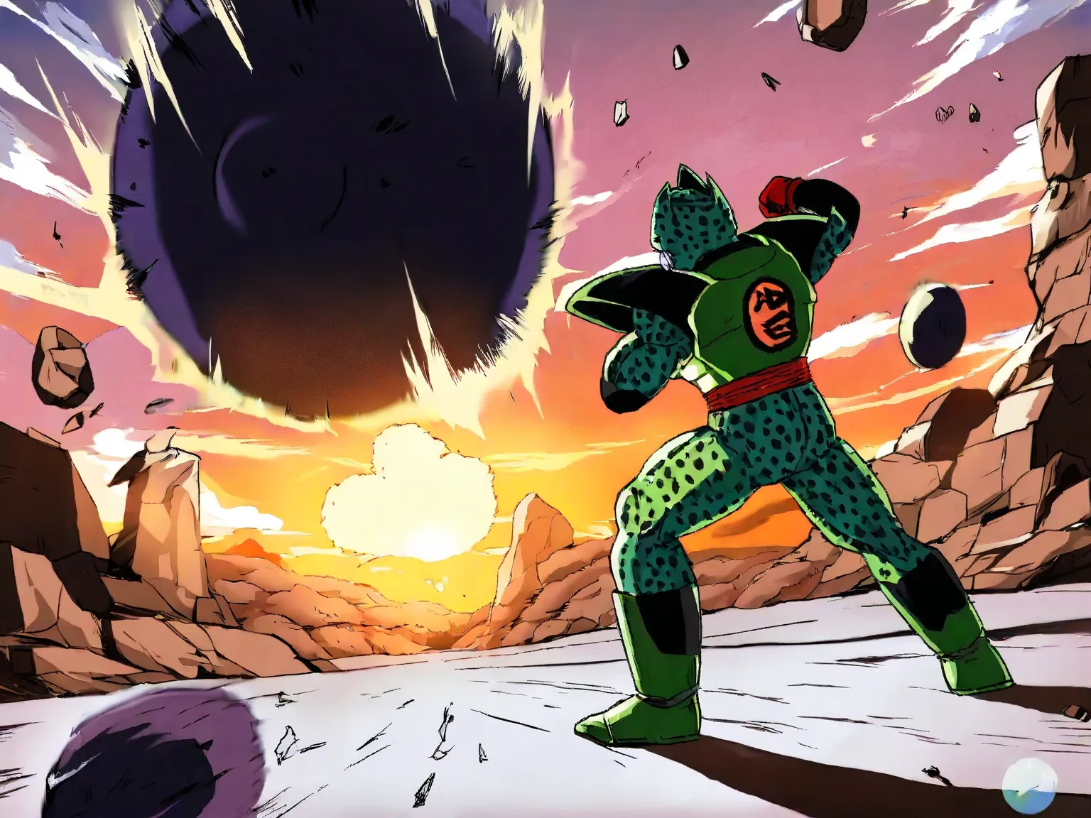 Dragonball, super sayayin, son-gohan versus cell, full power, bursting earth, sunset, in fight, kick, boxing