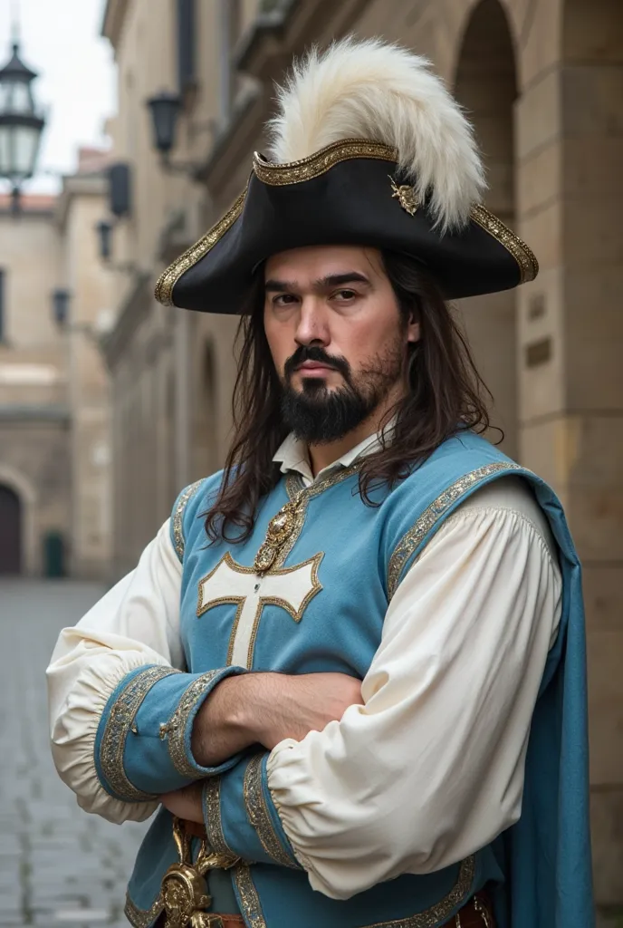 Ultra-realistic, high-fashion medium shot portrait of a noble musketeer from the 17th century, standing against the backdrop of an old European city with cobblestone streets and weathered stone buildings. He wears an opulent sky-blue tabard with intricate ...