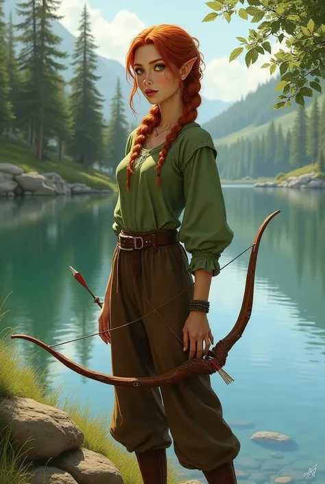 halbelf, woman, fair skin, Copper hair, zopf, green eyes,  small pointed ears , brown pants, green shirt , bow and arrow, by a lake