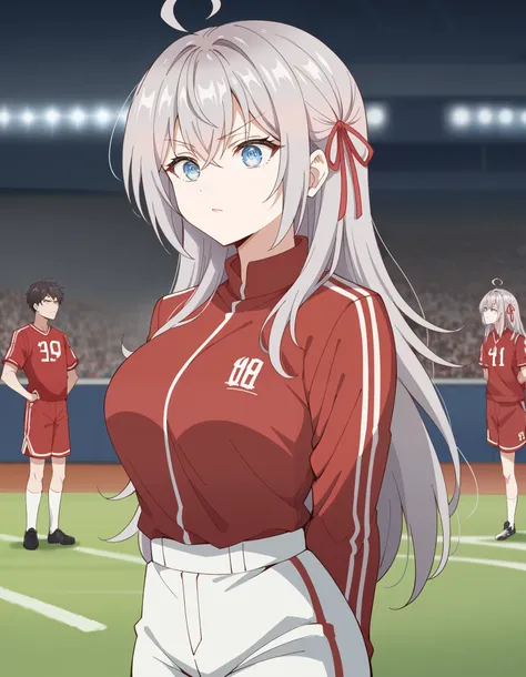 score_9, score_8_up, score_7_up, source_anime, alisa mikhailovna kujou, long hair, bangs, blue eyes, hair ribbon, ahoge, grey hair, red ribbon, large breast, Wearing the Russian national team red jersey , grey blazer, long sleeves, Football stadium in the ...