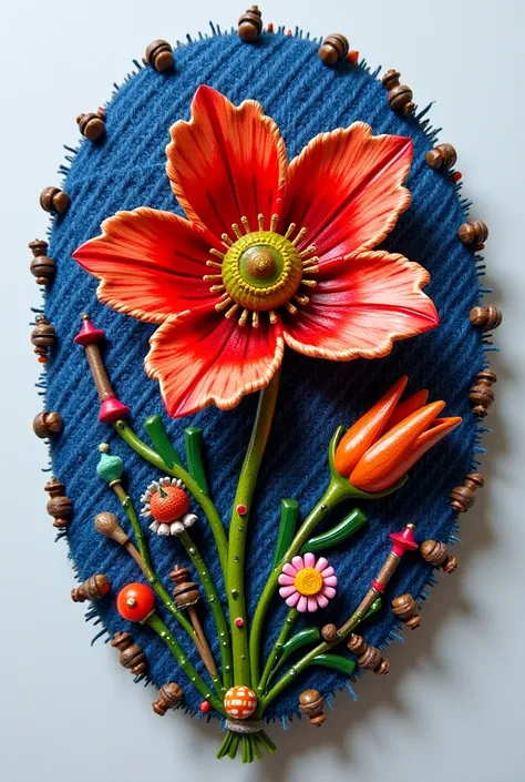 Brooch flower painted with acrylic paint is made of denim fabric and decorated with various figures and beads