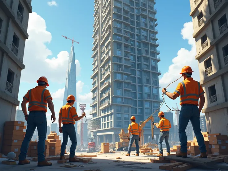 builders wearing helmets are building a tall house