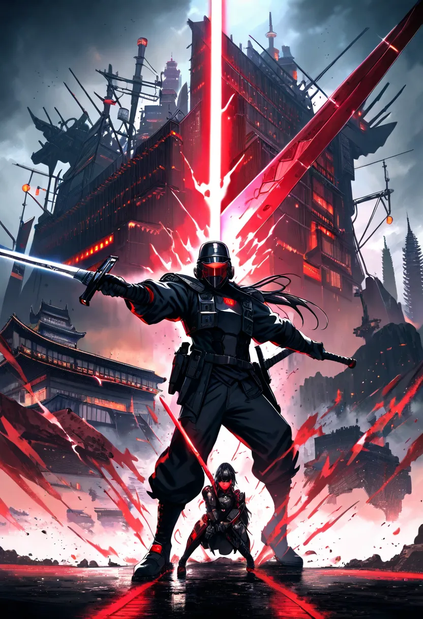 A high resolution shonen anime opening scene in a fantasy dystopian anime for the Captain of the Imperial Guard who is a lean sleek male cyberpunk kendo warrior in combat, wearing a cyberpunk version of a black (with red highlights) kendōgu (Sword Tools ) ...