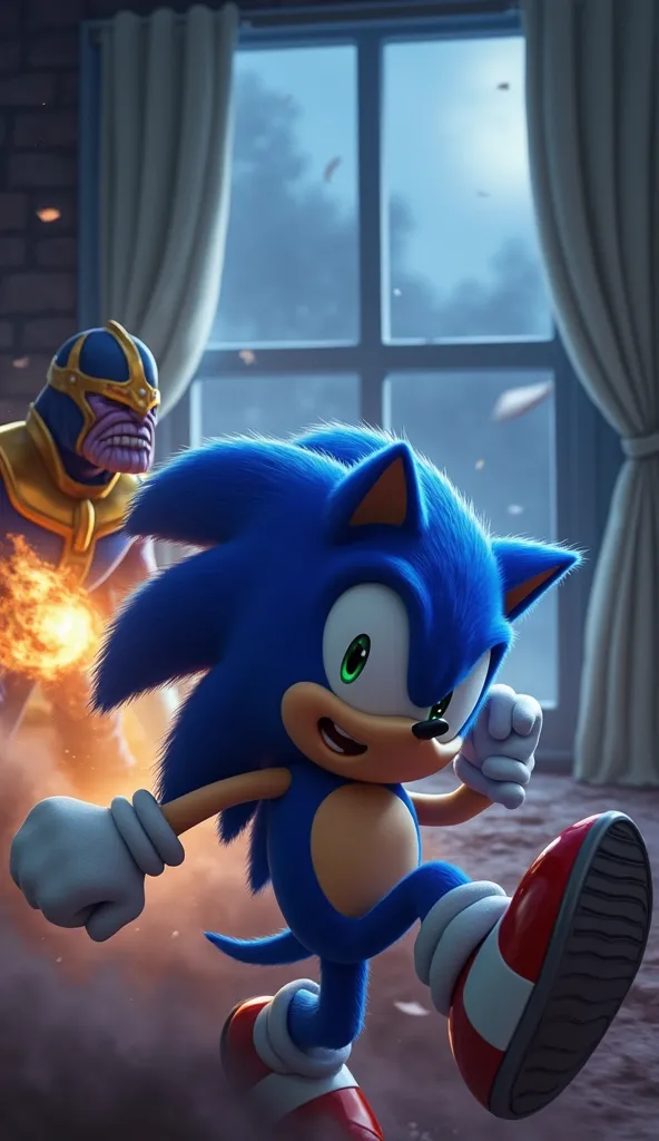 "Sonic, running at super speed, his iconic blue fur blurring with motion, Thanos chasing behind him, wielding the Infinity Gauntlet, a determined and intense expression on his face, a dramatic and action-packed scene, the environment around them shifting d...