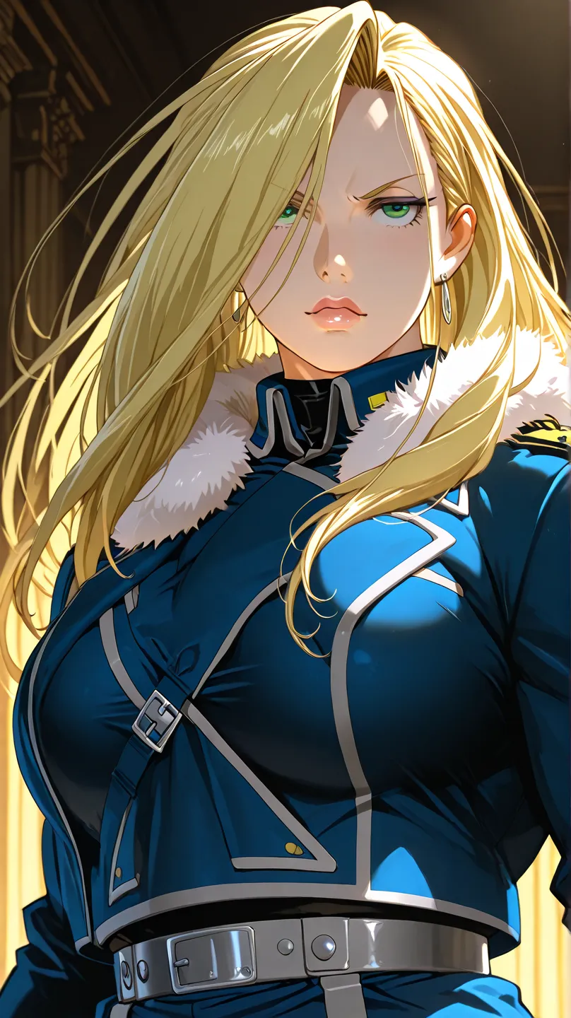 Source_oliver armstrong, full metal alchemist, Masterpiece, elegant mature woman, milf,   tall body, curvaceous, olivier mira armstrong, lips,  upper body, dynamic lighting, ultra detailed, highres, fullmetal alchemist anime style, military uniform, source...