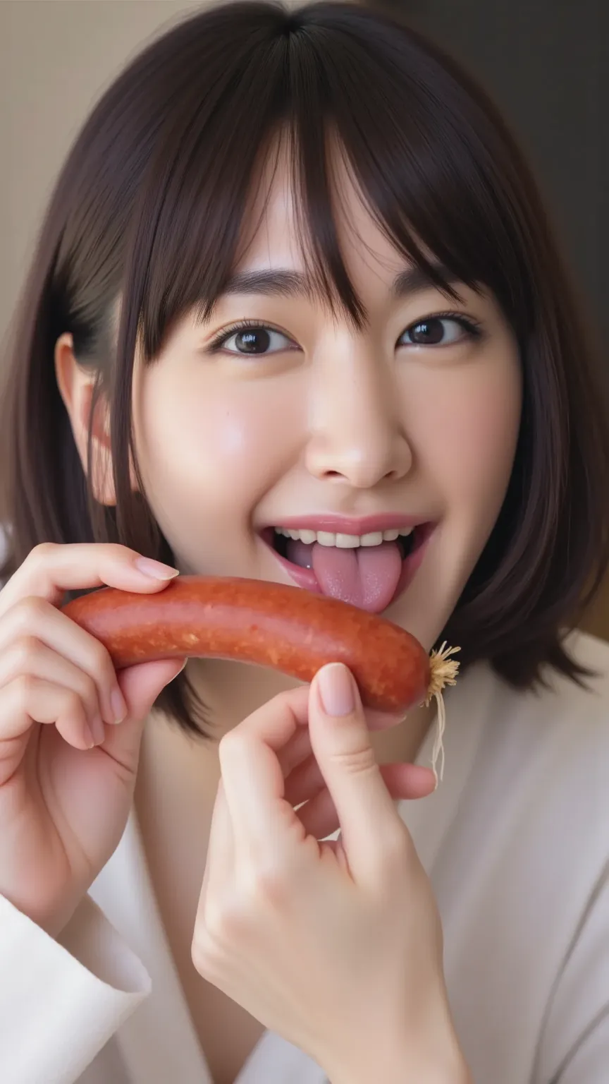 High resolution, Masterpiece, Anatomically correct, High detail, One beautiful Japanese, jet black hair, holding thick sausage, licking sausage, tongue out, licking, licking all over, wide mouth open, sausage in mouth, sexy, pseudo fellatio, pseudo oral se...