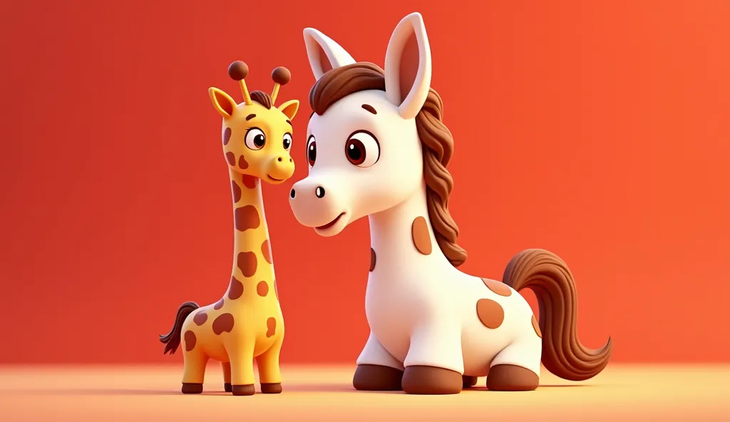  The horse is a distinctive white and brown cartoon with brown eyes and a giraffe in front of it. They are happy in a pleasant scene and the background is red 