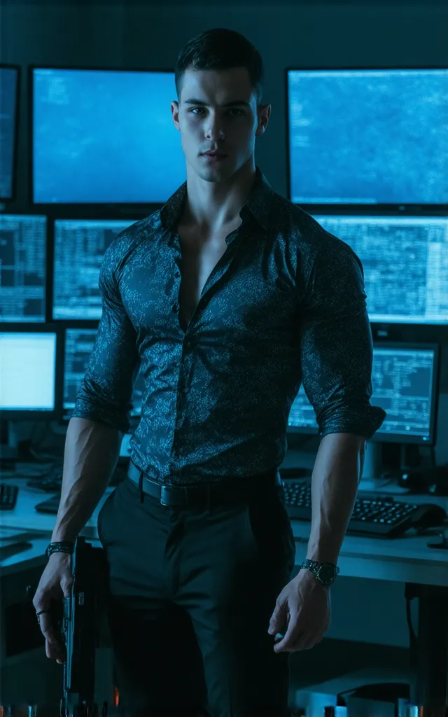 (masterpiece, best quality, realistic, ultra high detailed, UHD, view from a distance, facing the camera), The Elite Special Agent: A tall, lean, and muscular 20-year-old special agent stands in a sleek, high-tech control room filled with computer screens ...