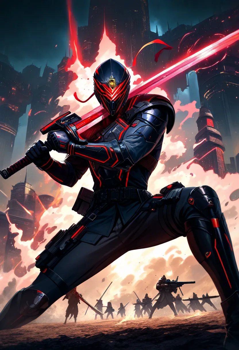 A high resolution shonen anime opening scene in a fantasy dystopian anime for the Captain of the Imperial Guard who is a lean sleek male cyberpunk kendo warrior in combat, wearing a cyberpunk version of a black (with red highlights) kendōgu (Sword Tools ) ...