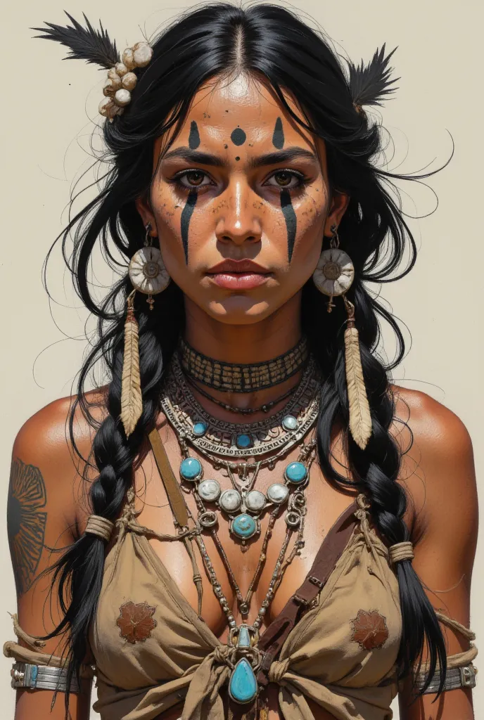 A Native American Woman Wearing Apache War Paints. American Indian Jewelry.  incredibly detailed .  small chest. 