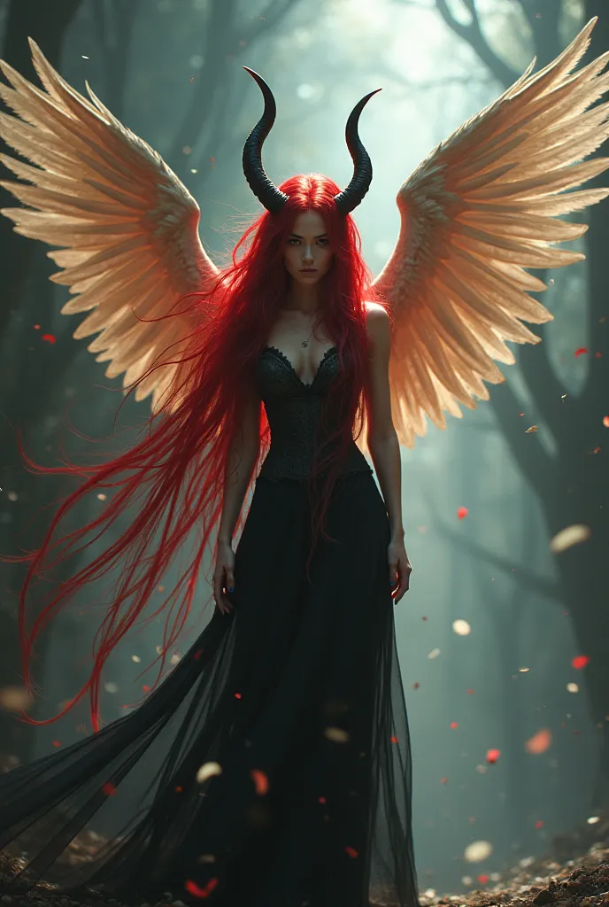 With the powers blood-red hair, jet black eyes , I want it to reflect the powers, Angel's wings, The Horns of a Demon and the Aura of a Fairy