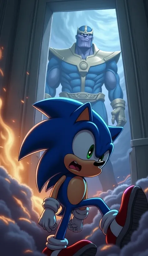 "Sonic, scared, his eyes wide with fear, his body slightly trembling, standing frozen in place, Thanos towering over him, holding the Infinity Gauntlet, a menacing and powerful presence, the background dark and ominous, with swirling clouds and faint glows...