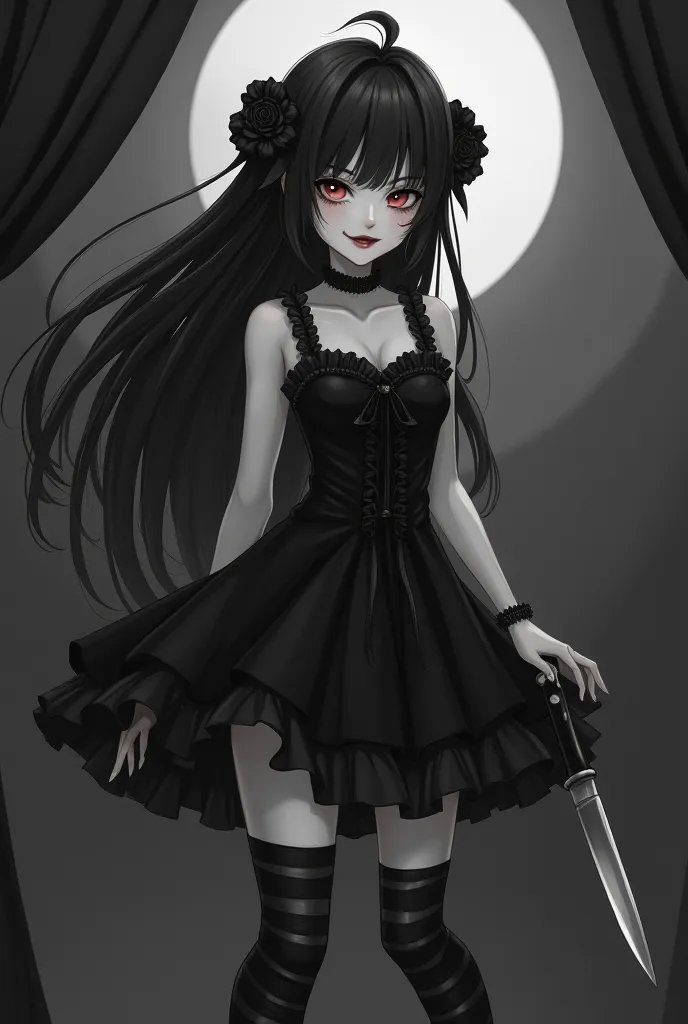  anime girl,black hair,white skin,black dress with straps with ruffles,  short dress, a knife in his right hand,Mayans with black and white stripes, leg-length black boots ,high heel boots,A macabre smile ,with a black and white circus background, with lon...