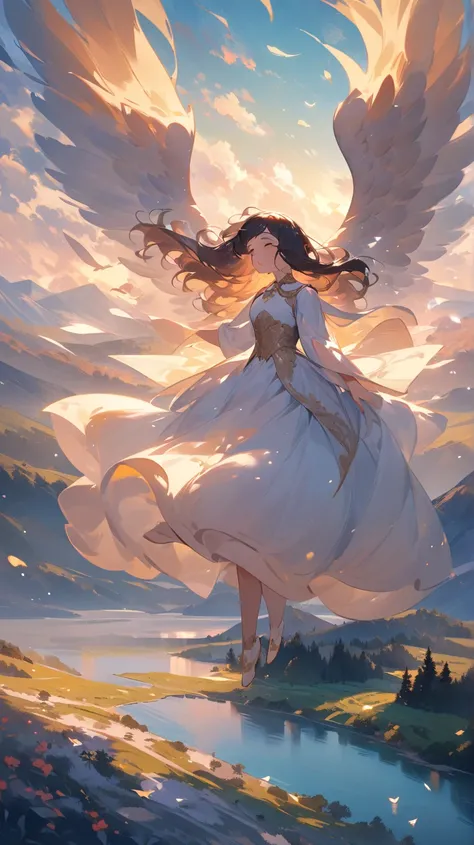 1 painting of a girl flying into the sky with wings