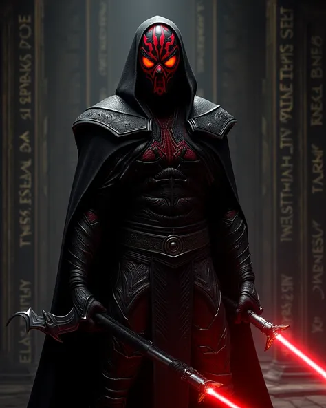 A dark and menacing version of Spider-Man as a Sith Lord. He wears black, red, and silver Sith robes with intricate, web-like engravings. His face is concealed by a modified, battle-scarred mask with glowing red lenses. In each hand, he wields curved, crim...