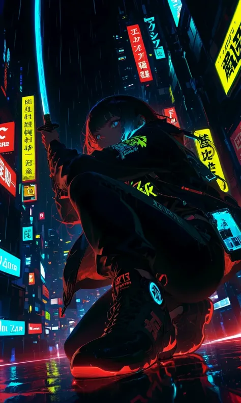 1 girl,cyberpunk,mask, full color hair,(streetwear:1.3), Yakuza jacket,katana,cyborg,(low view), dynamic angle,rain, looking at sky,hazy cityscape, Sharp focus, dynamic angle,HD,(detailed face and eyes),