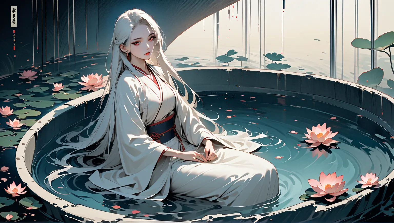 Red eyes,  Ink Painting, Beautiful Woman, mature, Delicate and precise, Modern ukiyo-e style, thick makeup, in the lotus pool , white hair