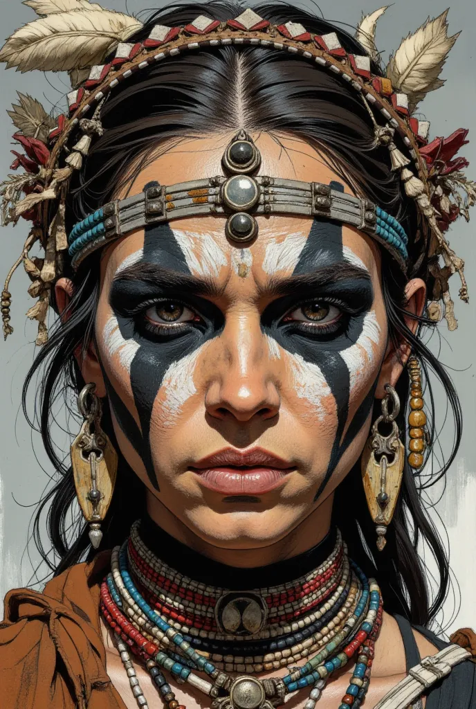 Native American woman wearing black and white war paints covering her face. American Indian Jewelry.  incredibly detailed .  small chest. 