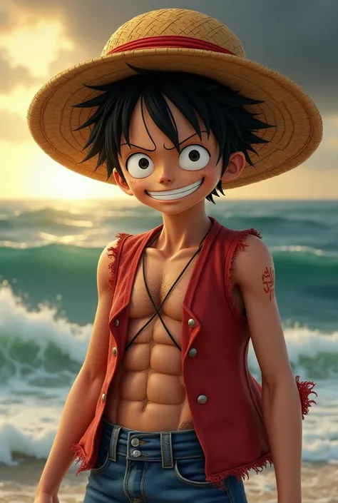 A hyper-realistic, live-action reimagining of Monkey D. Luffy from One Piece, depicted as a real human with natural anatomy, lifelike skin textures, and ultra-detailed facial features. His face is youthful but weathered, with a sun-kissed tan from years of...