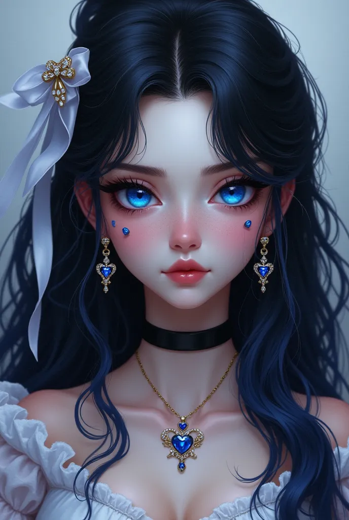 Create Victoria , a girl with white skin like porcelain, beautiful blue eyes, long and perfect eyelashes 100% Natular,  her black hair with long and wavy blue locks , a long white ribbon in his hair,  blue hearts on their cheeks , red lips,  a perfect nose...