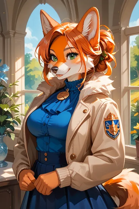 Furi dog - girl. Wool all over the body is beige, secondary white, dark green eyes, beige tail , orange long hair, smile beautiful figure, blue skirt, blue top 