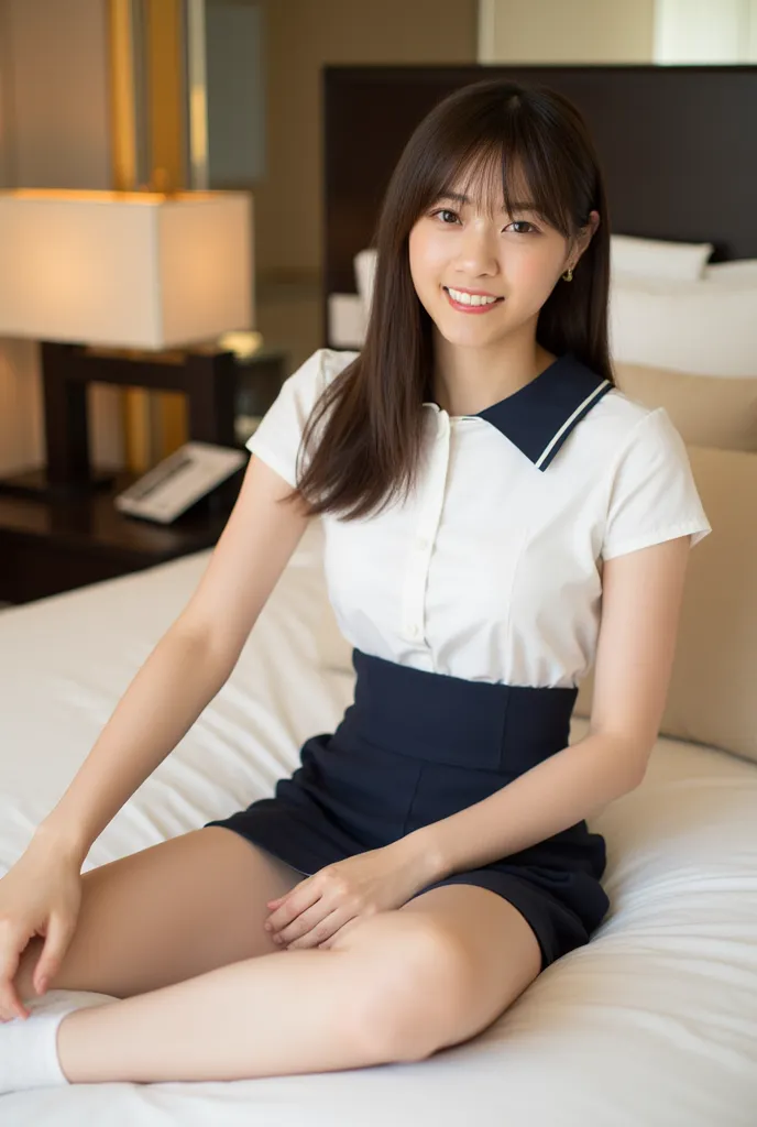 (Masterpiece, Best quality:1.4), (Ultra realistic, Photo-realistic:1.3), (Wearing Sailor suit, White short sleeve:1.2), (Dark navy skirt:1.2), (Wearing white sock), (medium breasts), Natural light, 20 years old actor, Japanese woman, Neat and clean, ponyta...