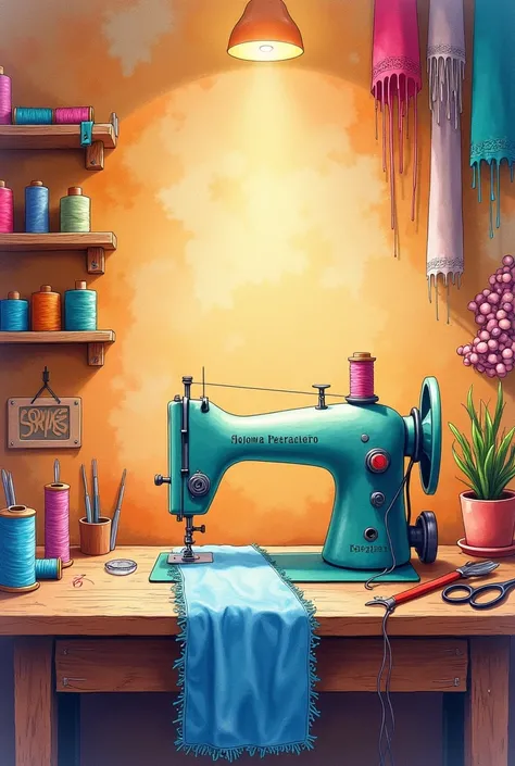 illustration of a sewing workshop, with threads, table and everything related to sewing, In a colorful watercolor way 