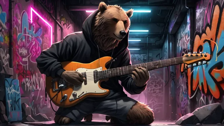 Bear playing rock guitar wearing black hoodie