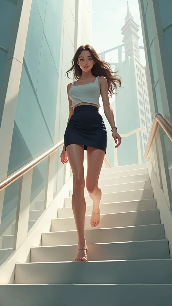 Girl in a miniskirt climbing stairs