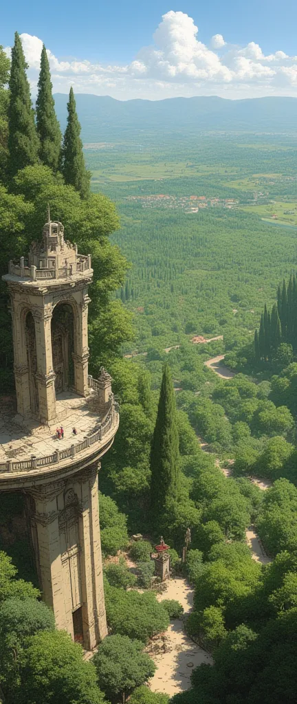 A viewpoint. A Genshin Impact style vigil base. very high. Among the tall trees to the south. Among tall trees. An observatory. Countless vineyards. Olive top. About 25 meters high. Estilo genshin impact.