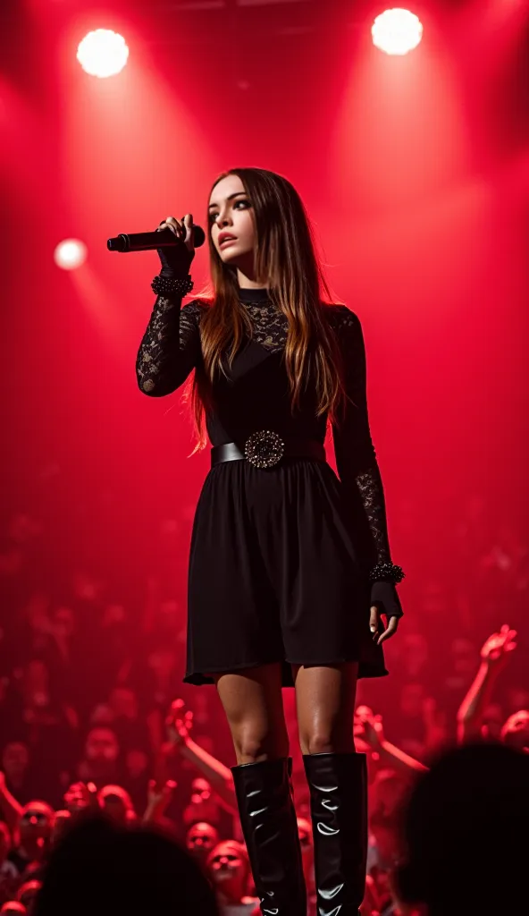 A photo of a woman singing, she is white, skinny, has brown straight long hair, has brown eyes, she is wearing a short black cottage core dress with long sleeves and lace fabric, a black belt around her waist and black boots, she is using dark makeup, she ...