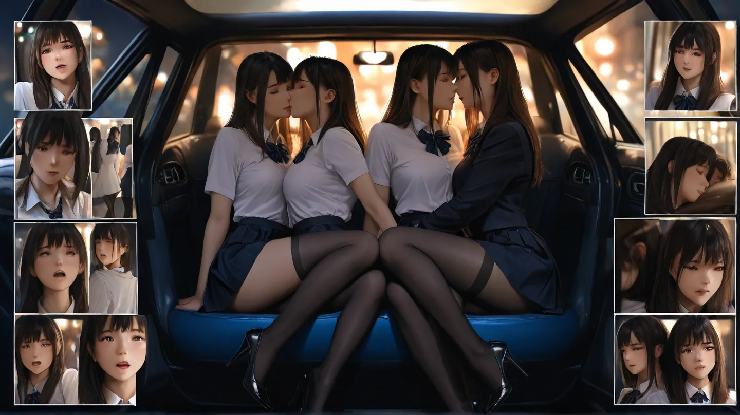 sfw, black stocking, high hells, yuri, lewd, inside car, school uniform, 8K, masterpiece, ultra-detailed, romantic atmosphere, driving, realistic, photorealistic