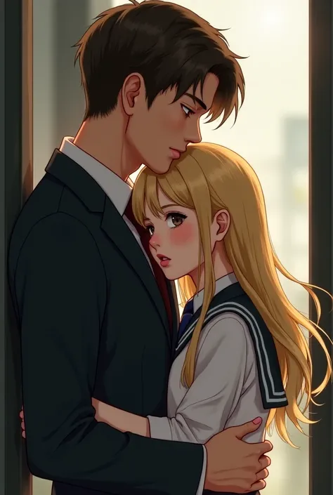 A realistic picture of a blonde girl in a school uniform and a beautiful adult man with brown hair embracing her