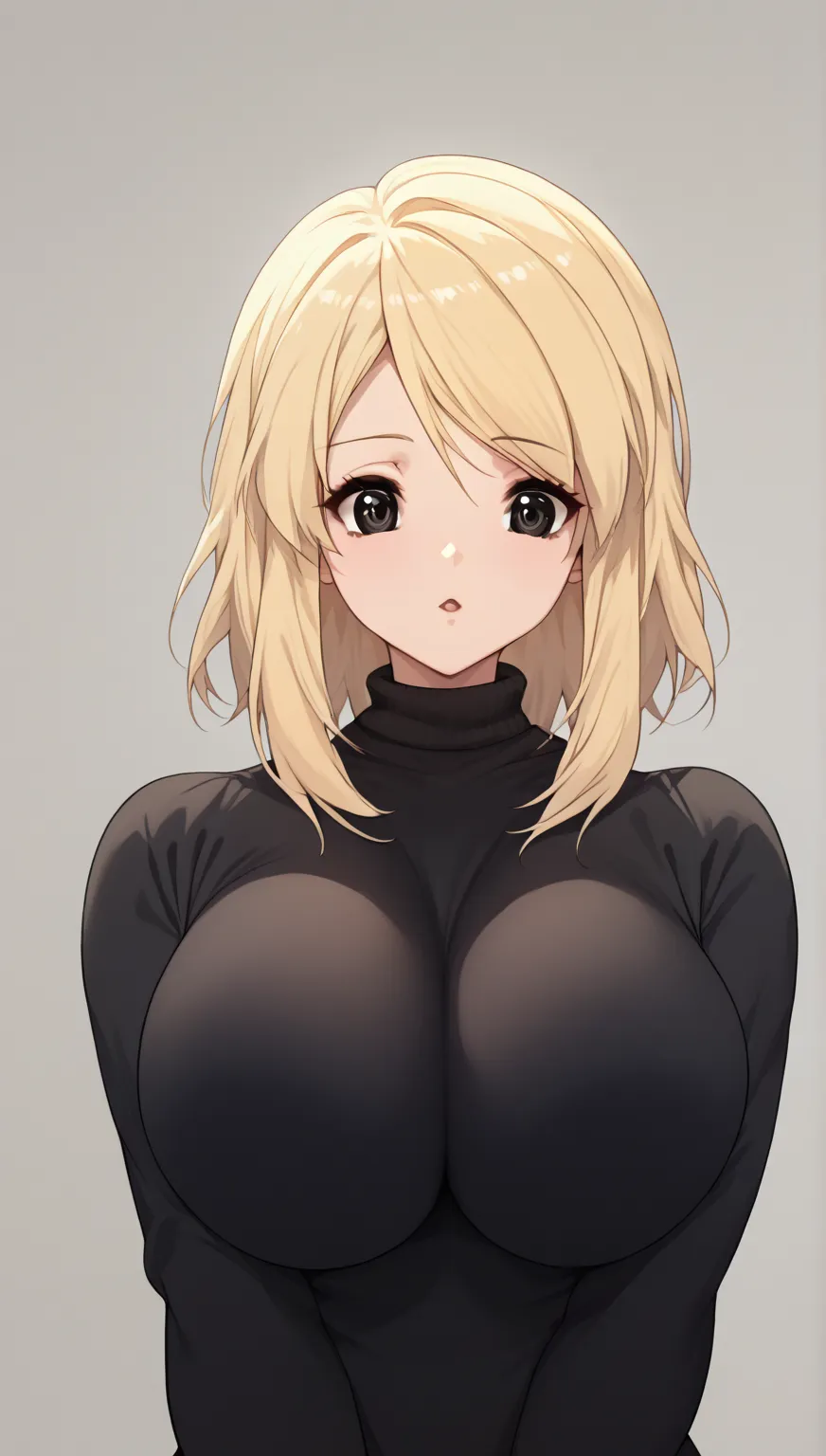 mixed_Art Style , (detailed eyes), (mature woman),  pretty woman,  huge breasts, (blonde hair tied behind),  side fringe, ( black sweater shirt, calcinha fio dental insinuante ),   black eyes , olhar prazer , ultrarealista, huge body