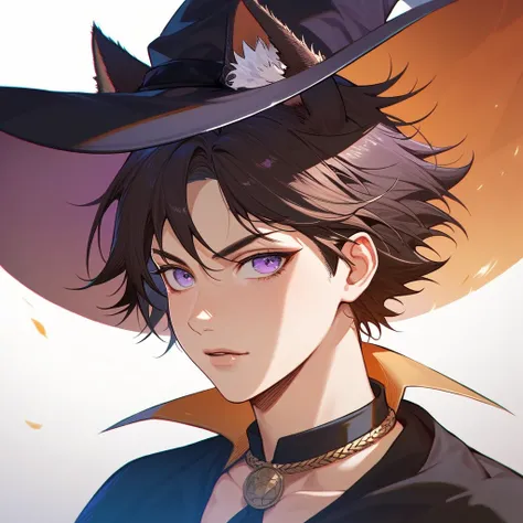 1girl, tomboys, badass, beautiful, dark brown hair, spiky hair, short hair, bangs, purple eyes, wolf ears, black dress, witch hat, manhwa