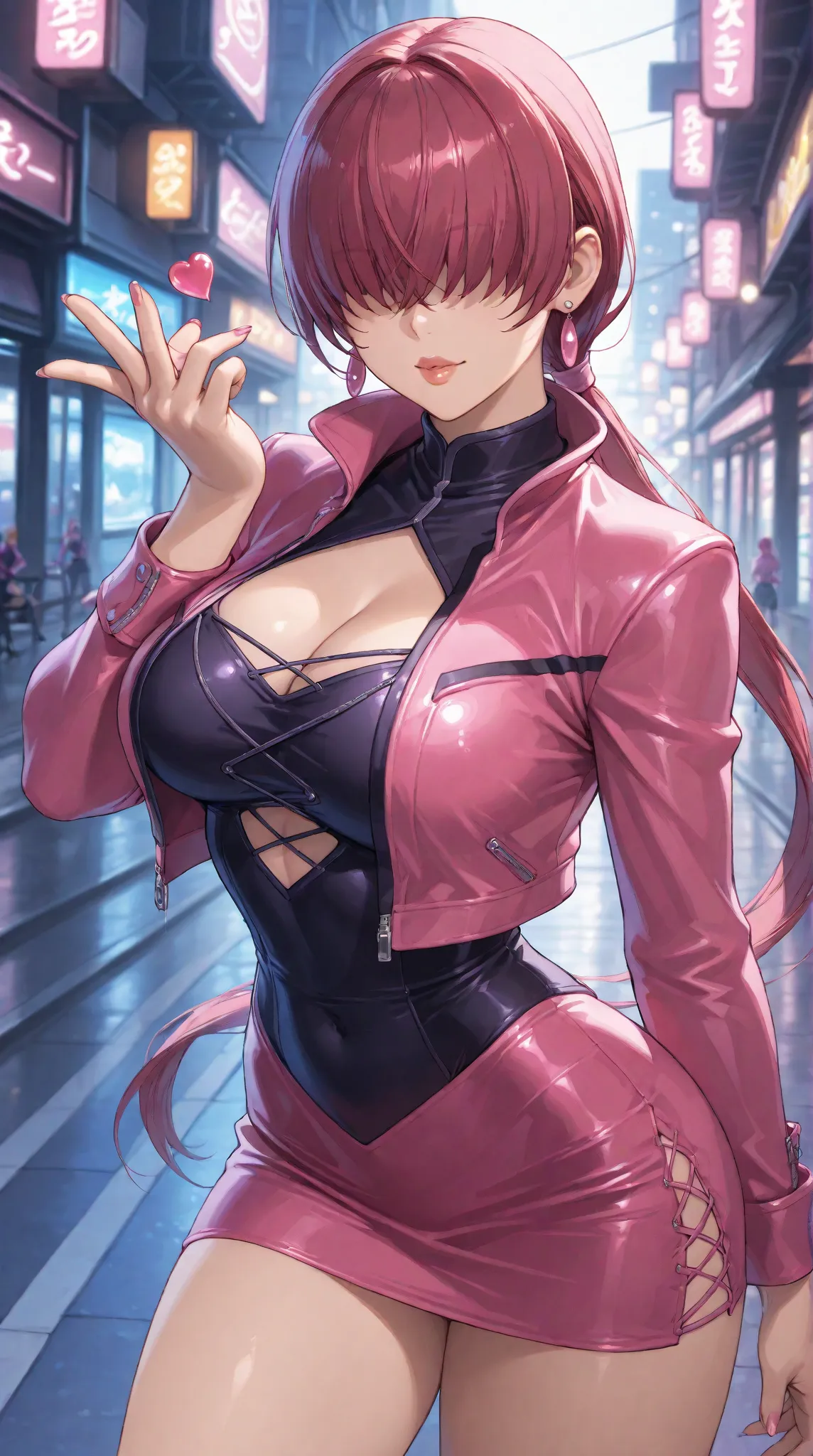 Solo, Source_ kof, source_ shermie kof, source_ 8 up,shermie king of fighter, orochi shermi, thunder power,the hair is over her eyes, split ponytail, clothing cutout, earrings, jewelry, miniskirt, pink skirt, leotard, pink jacket, long sleeves,, (masterpie...