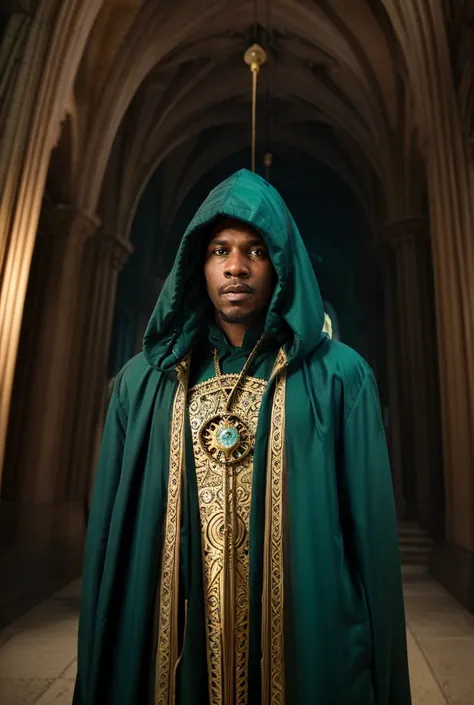 “A mystical hooded figure, a Jamaican man with deep cinnamon brown skin and dewy highlighted skin, moves through a series of bizarre, mind-bending poses that distort perception and defy gravity. Clad dynamically in an ornate, flowing robe adorned with intr...