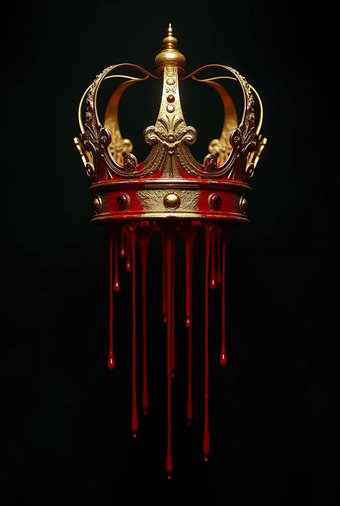  a golden crown , Bloodstain and with blood dripping all the way down,  with a dark black background ,  realistic .