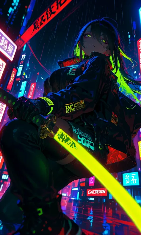 1 girl,cyberpunk,mask, full color hair,(streetwear:1.3), Yakuza jacket, gloves,cyborg,(low view), dynamic angle,rain, looking at sky,hazy cityscape, Sharp focus, dynamic angle,HD,(detailed face and eyes), katana, ancient katana, looking at viewer,score_9,s...