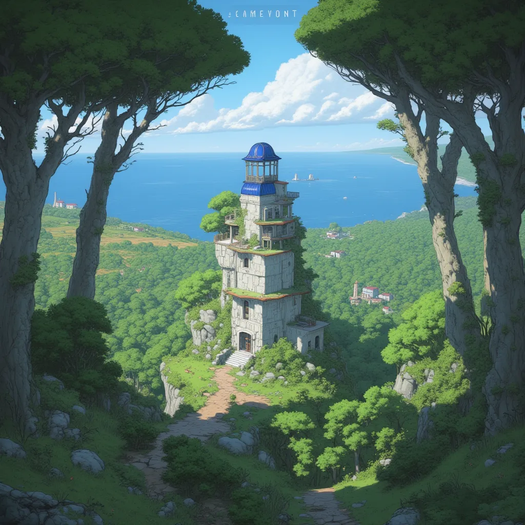  A viewpoint. A Genshin Impact style vigil base. very high. Among the tall trees to the south. Among tall trees. An observatory. Countless vineyards. Olive top. About 25 meters high. Estilo genshin impact. BLUE ceiling. gray base. Inside a leaf on an islan...