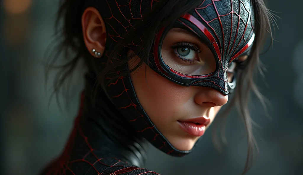 sexy spiderwoman, detailed portrait of a female superhero character with spider-like features, alluring expression, web-like costume, complex spiderweb pattern, dramatic pose, dark background, cinematic lighting, digital art, concept art style, 8K, HDR, ul...